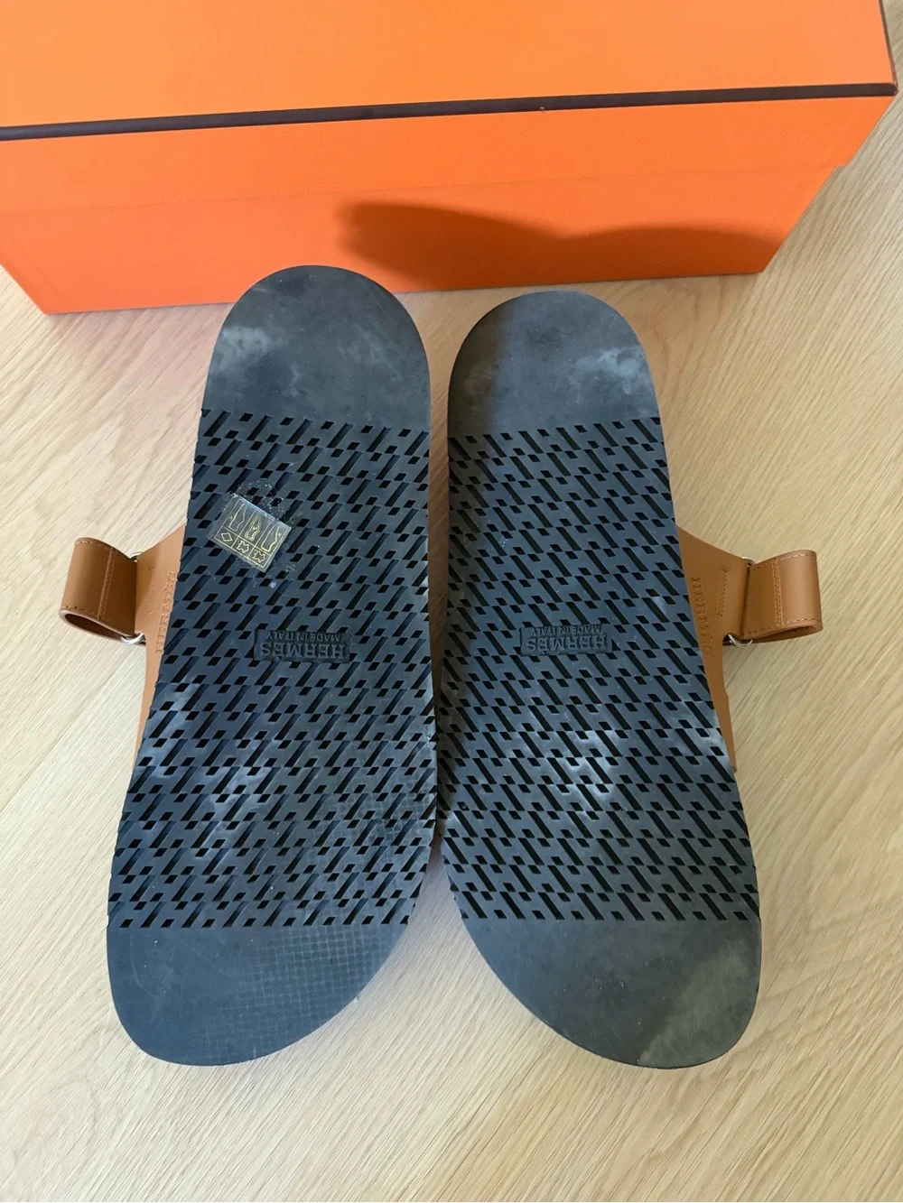 Hermes Tan Leather chypre Men's Slide Sandals size 46 natural